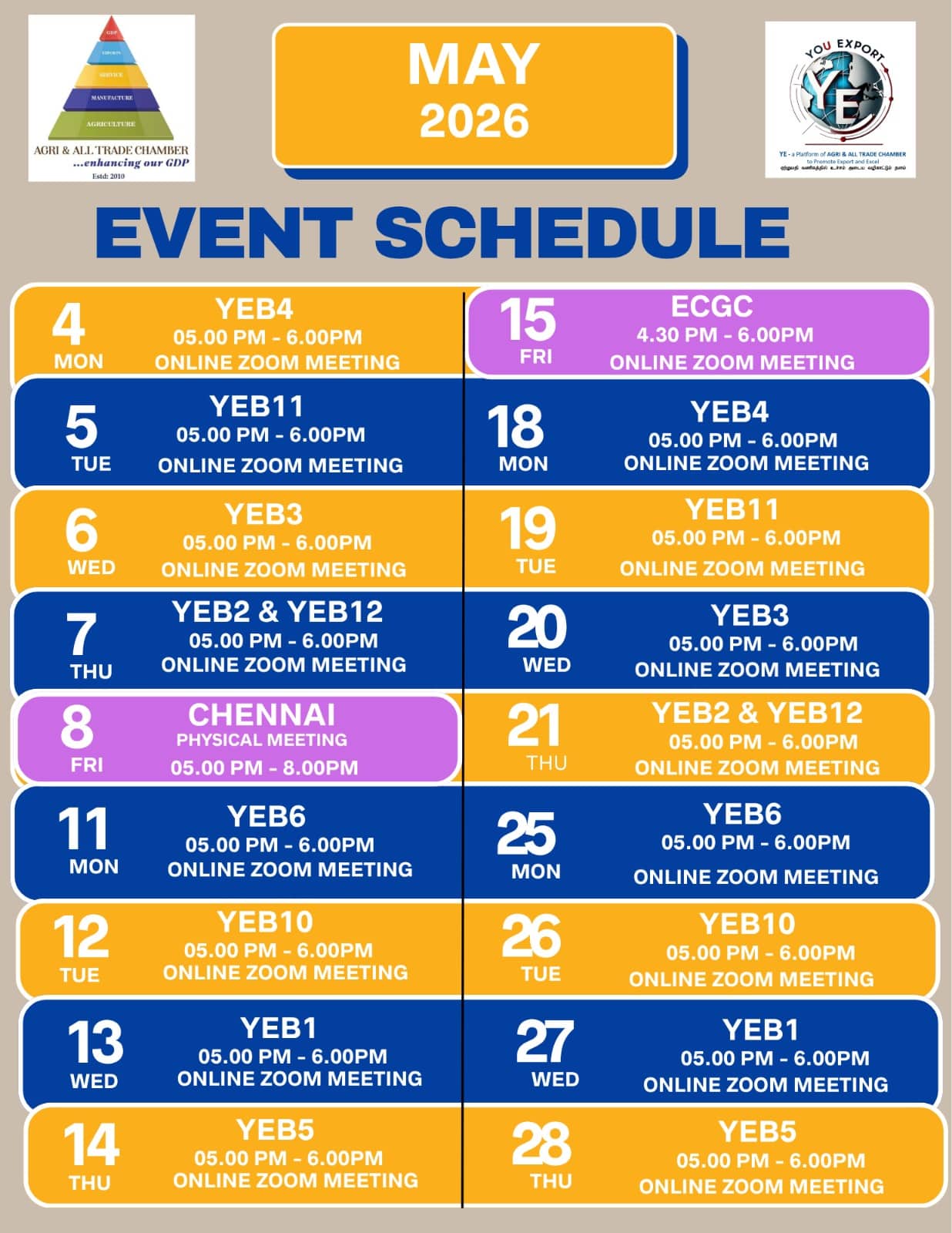 Two-column May 2026 event schedule with colored rounded cards, each showing date, day, and 'ONLINE ZOOM MEETING' text (Chennai on one card shows 'PHYSICAL MEETING').